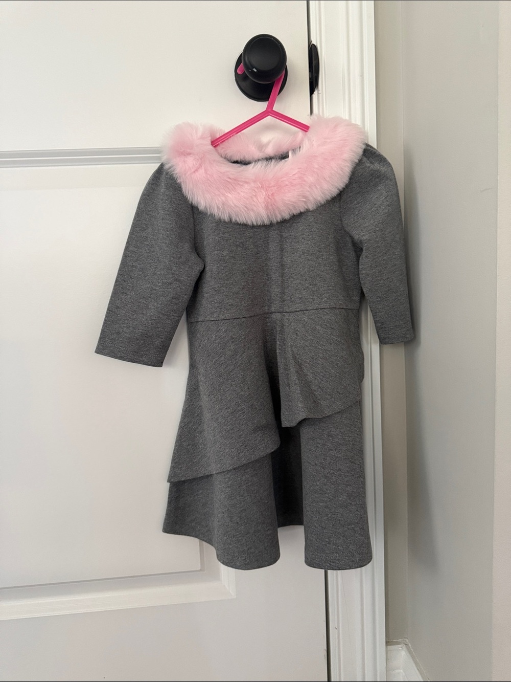Janie and Jack Grey Dress with Pink Faux Fur Collar